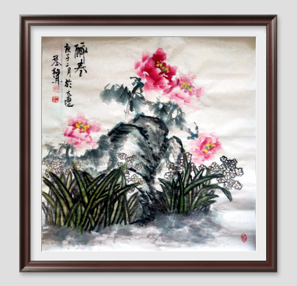 琴声山石牡丹二幅(四尺斗方)